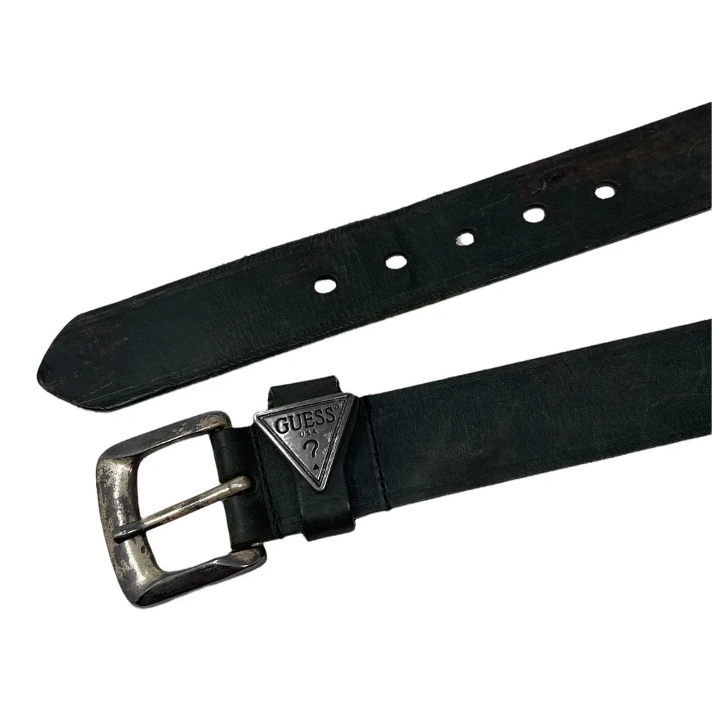 Vintage 90s Guess Black Leather Belt 36 Made in USA Triangle Logo Distressed - Picture 2 of 6